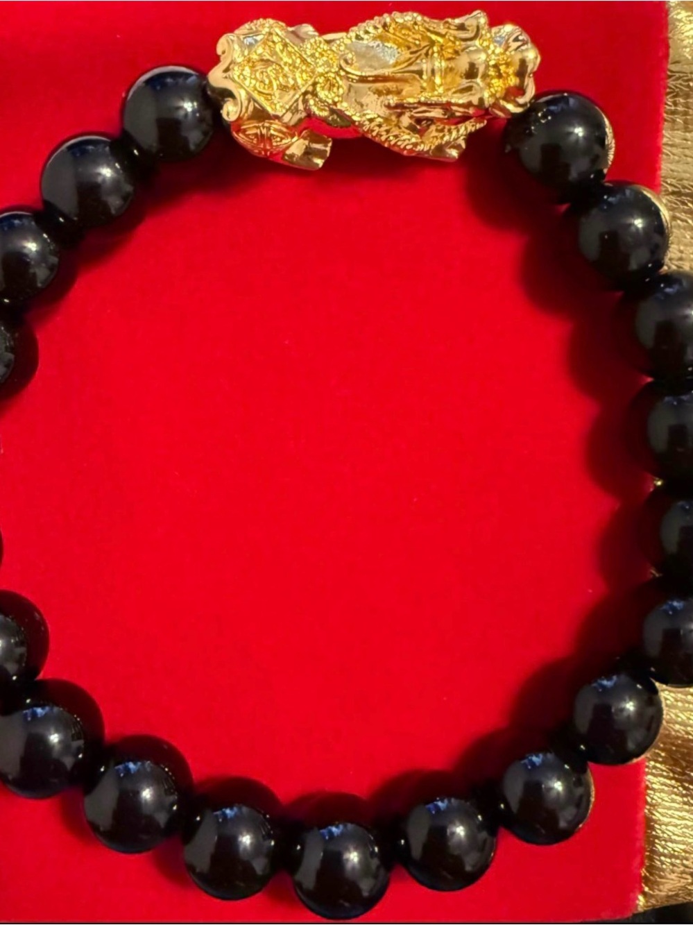 Real 18K Gold Dragon Charm Black Beaded Bracelet